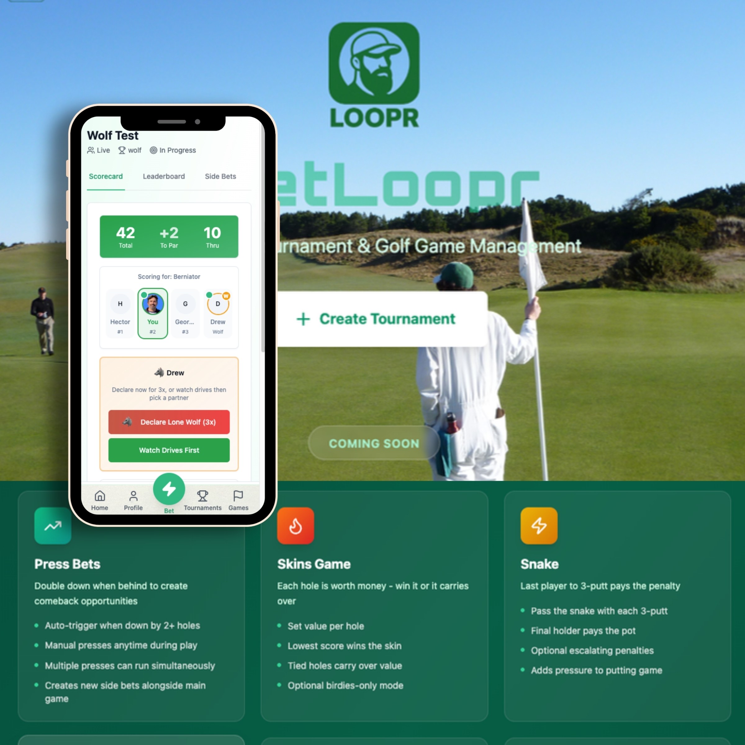 BetLoopr platform — Wolf Test scoring UI, golf course backdrop, and side-bet game tiles
