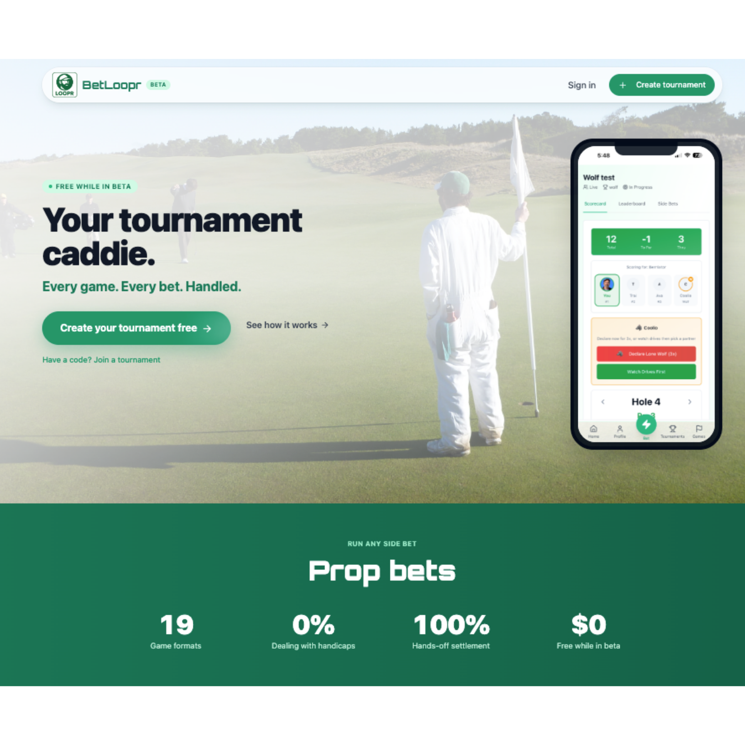 BetLoopr platform — Wolf Test scoring UI, golf course backdrop, and side-bet game tiles